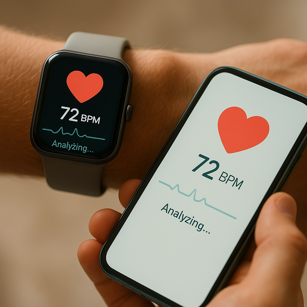 Montre connectée et smartphone affichant l’analyse du rythme cardiaque à 72 BPM, symbole de suivi bien-être.