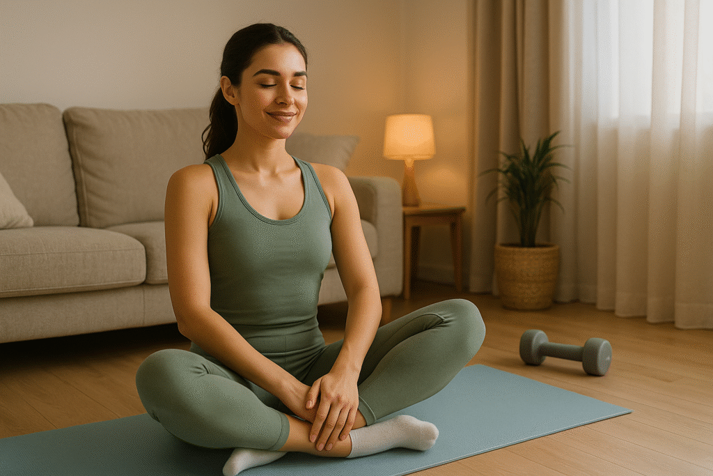 Femme en tenue de sport assise sur un tapis de yoga dans un salon apaisant, ambiance confort et bien-être à la maison.