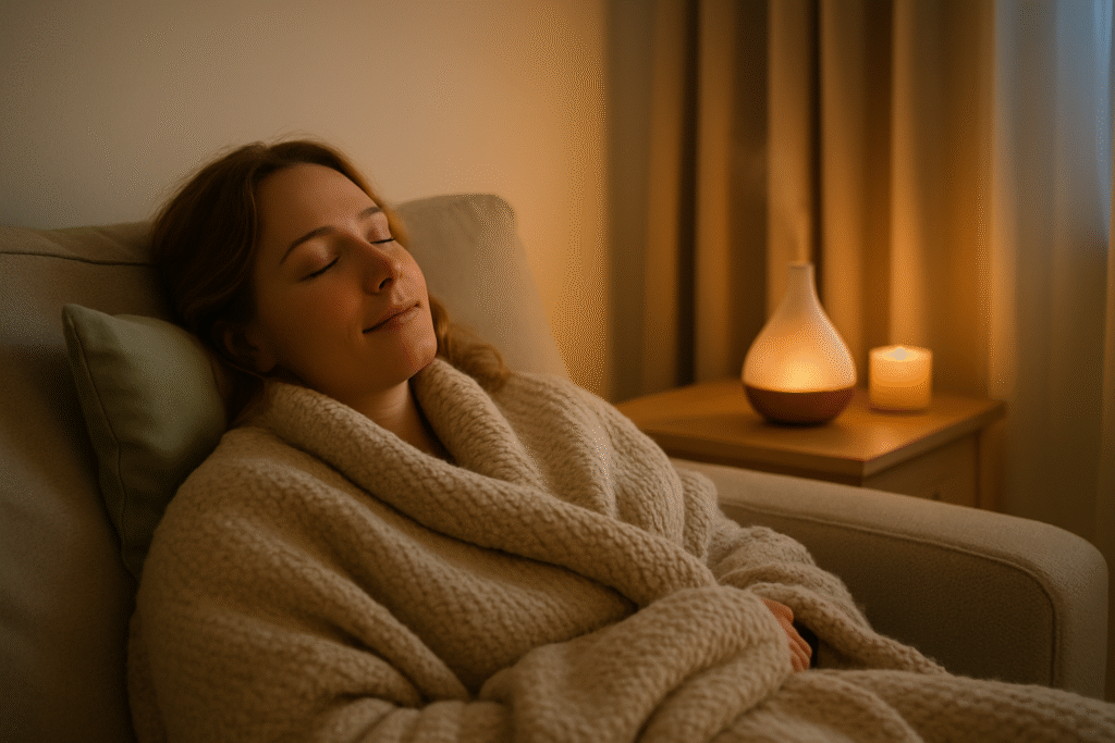 Femme détendue sous une couverture en laine, dans une pièce tamisée avec diffuseur et bougie allumée, ambiance cocooning.