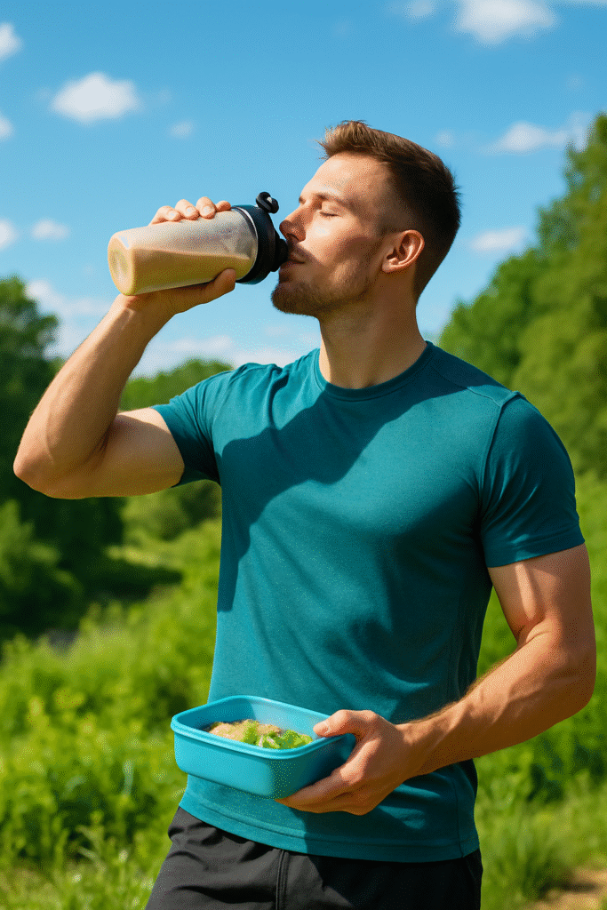 Sportif en tenue d’entraînement buvant un shaker et tenant une collation post-entraînement, en pleine nature sous une lumière vive.