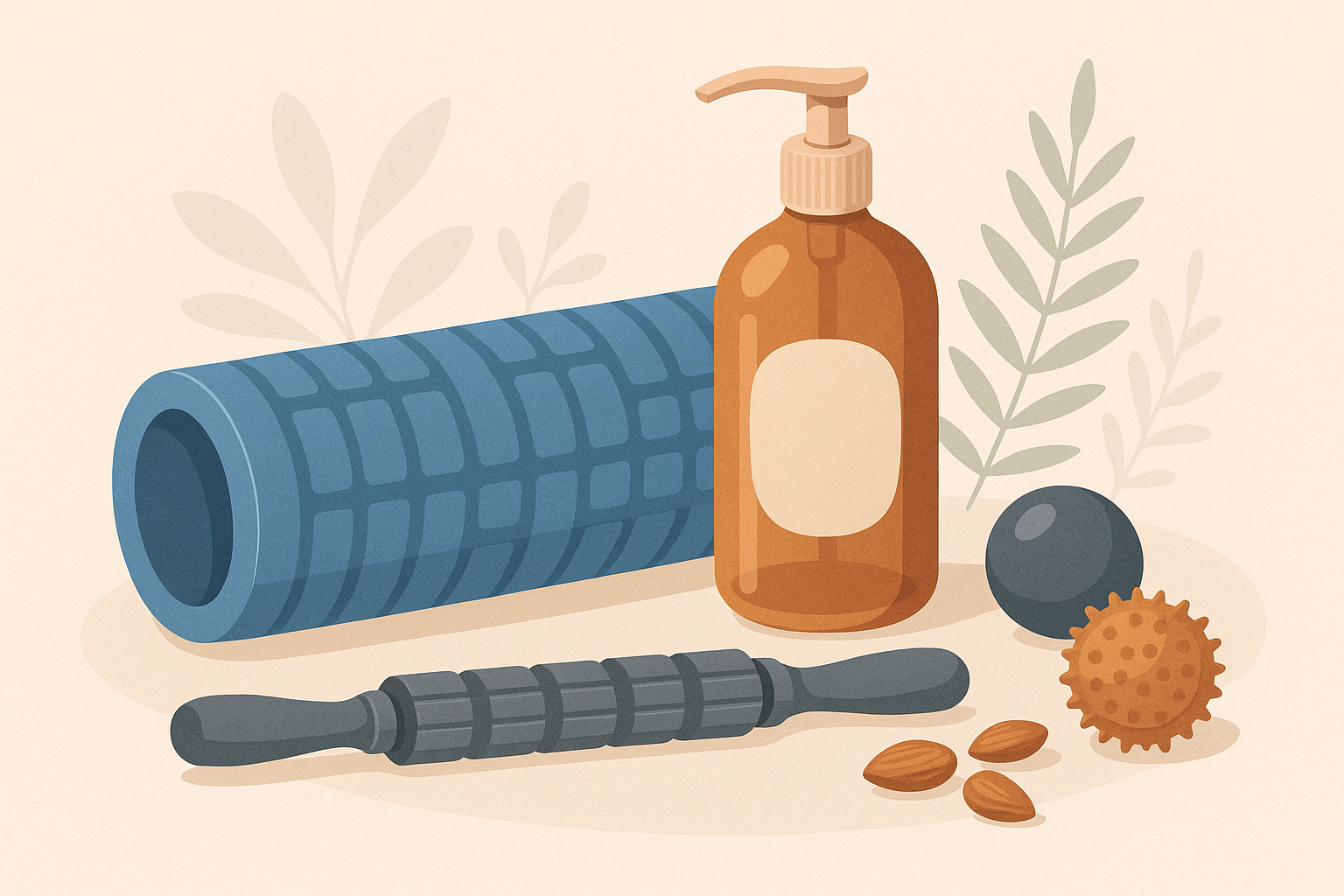 Illustration d’accessoires d’automassage comme un rouleau, un bâton, deux balles de massage et un flacon d’huile, posés sur fond beige dans une ambiance naturelle et zen