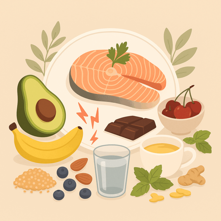 Illustration d’aliments anti-courbatures comme le saumon, l’avocat, les cerises, le chocolat noir, le gingembre, les amandes et la banane sur fond beige avec des touches végétales