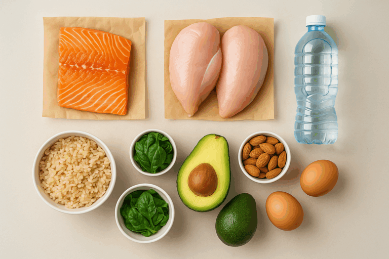 Photo d’aliments naturels pour prendre du muscle : filet de saumon, blancs de poulet, riz complet, épinards, avocat, amandes, œufs et bouteille d’eau sur fond beige