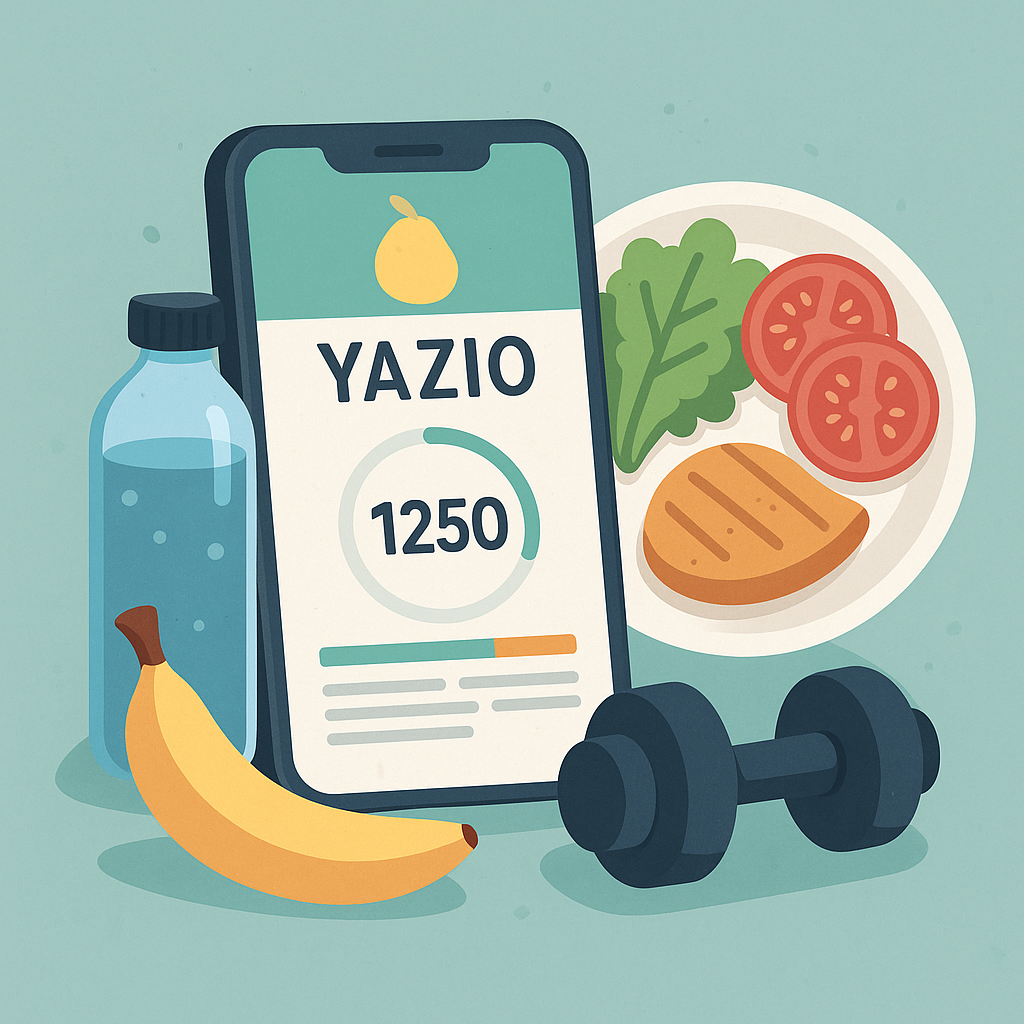 Illustration d'un smartphone affichant une application de suivi nutritionnel, avec une assiette équilibrée, fruits, légumes et fond de cuisine moderne