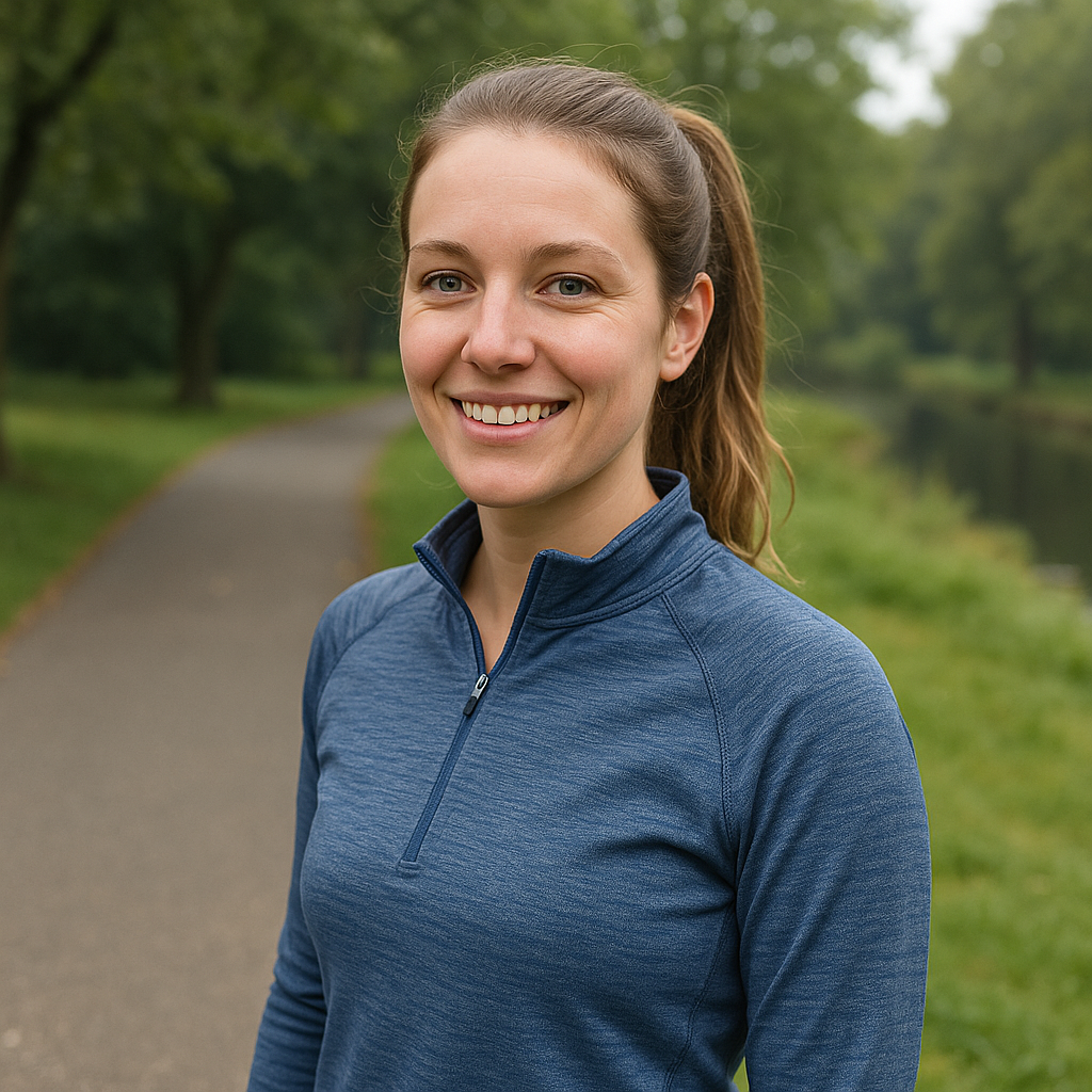 Jeune femme sportive souriante en tenue de course dans un parc verdoyant – Marie, coureuse régulière, RecupZen