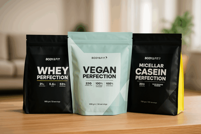 Photo de produits Body&Fit testés pour la récupération musculaire : Whey Perfection, Vegan Perfection, Micellar Casein et un shaker sur une table en bois. protéines récupération musculaire - test produits Body&Fit