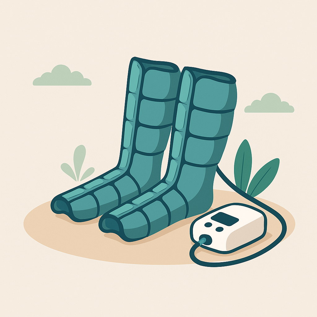 Illustration de bottes de pressothérapie avec unité de contrôle, dans un décor minimaliste aux tons verts et beige