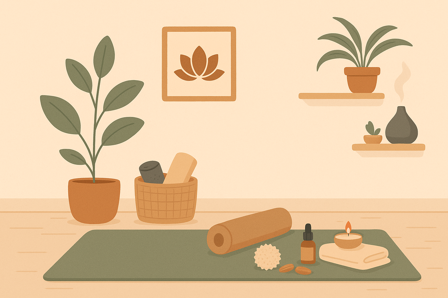Illustration d’un coin bien-être zen avec tapis de yoga, plantes, diffuseur d’huiles essentielles, bougie, roller de massage et accessoires de détente