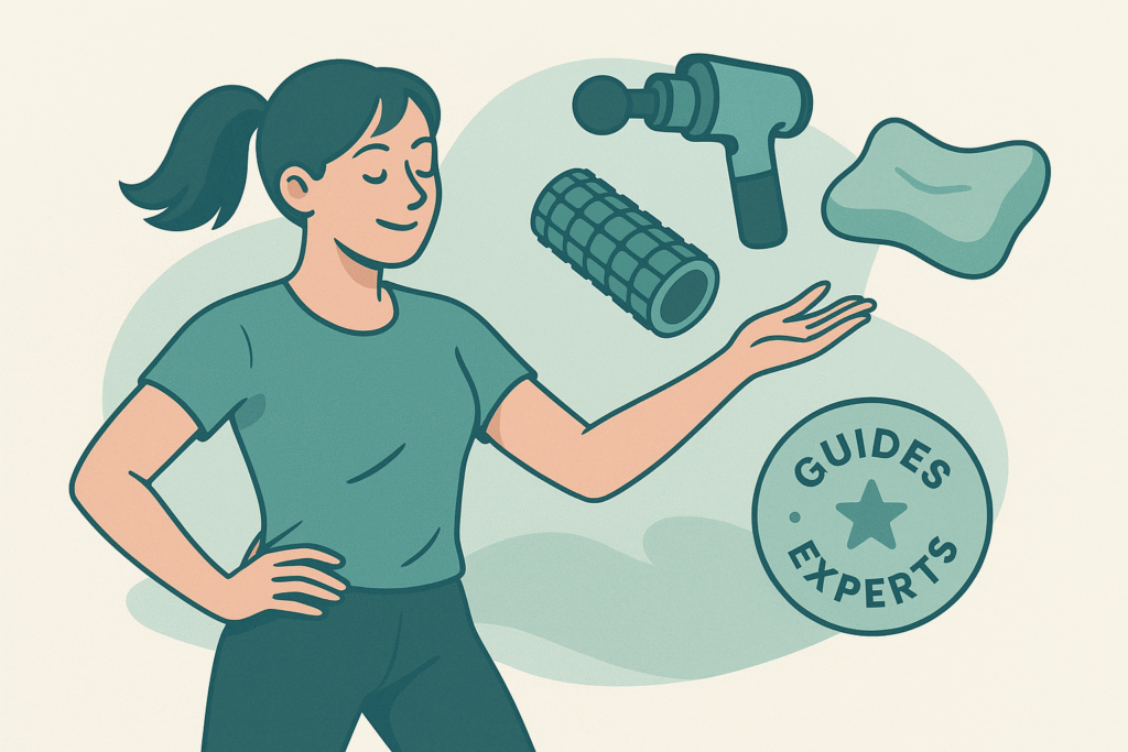 Illustration stylisée d'une femme présentant des accessoires de récupération avec un badge "Guides experts", ambiance dynamique et informative.