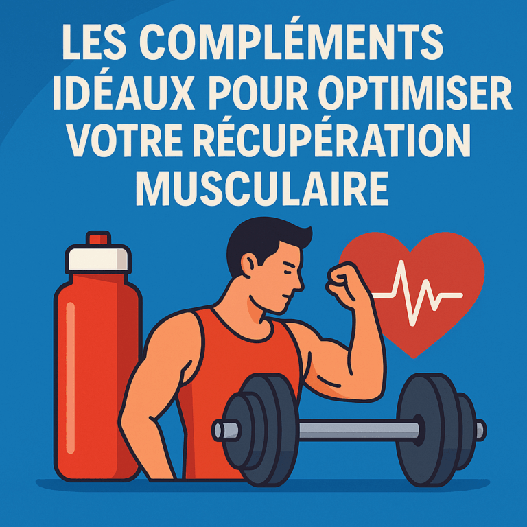 Illustration représentant un homme en train de s'entraîner avec des icônes liées à la récupération musculaire, incluant une bouteille d'eau, un cœur avec un ECG et un haltère, sur un fond bleu. Le texte "LES COMPLÉMENTS IDÉAUX POUR OPTIMISER VOTRE RÉCUPÉRATION MUSCULAIRE" est inscrit en haut. compléments récupération musculaire.