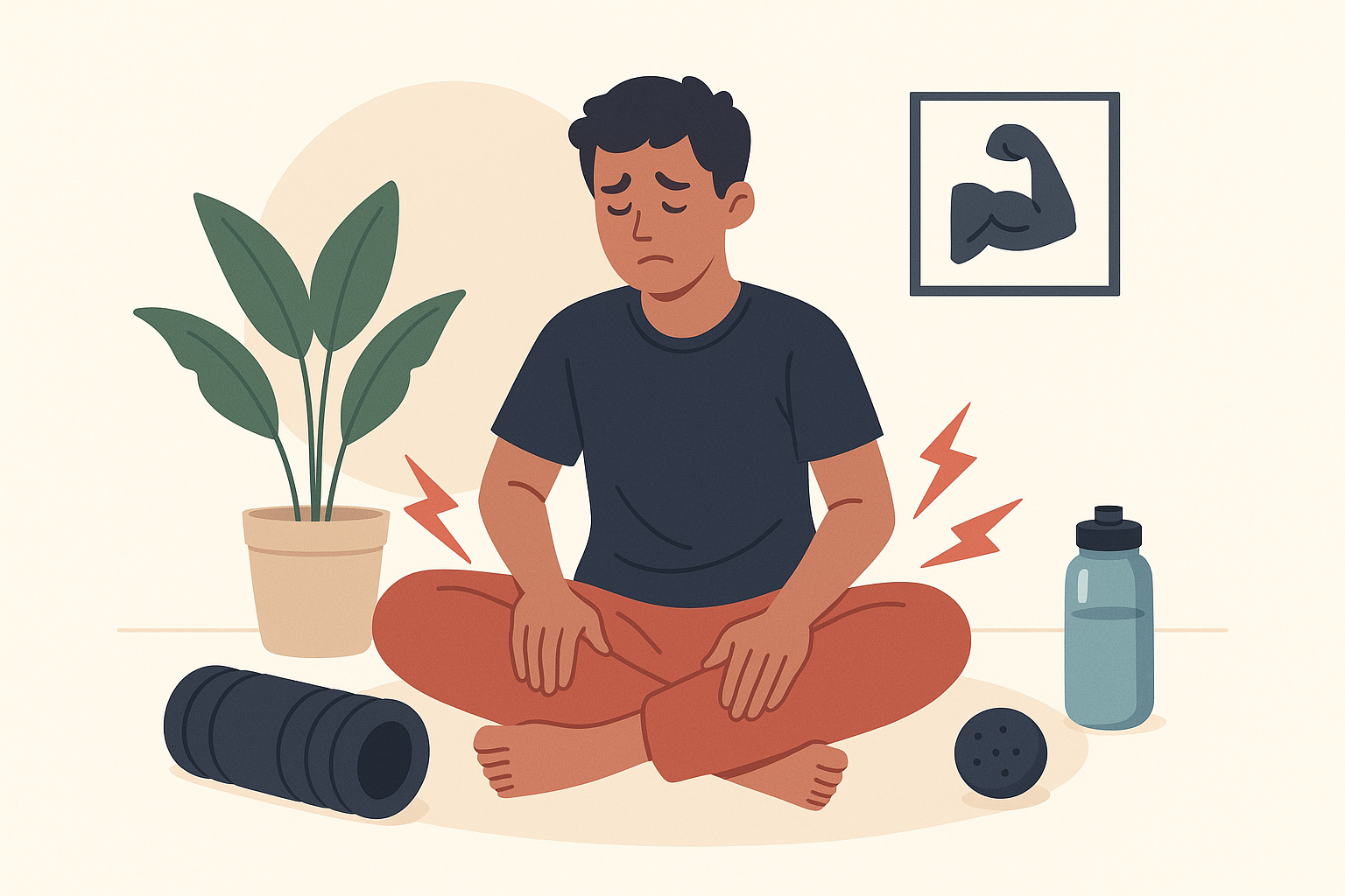 Illustration d’un homme fatigué assis en tailleur, avec des douleurs musculaires après le sport, entouré d’un rouleau de massage, d’une balle et d’une gourde