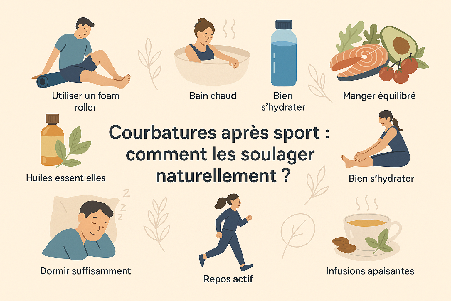 Illustration des méthodes naturelles pour soulager les courbatures après le sport : automassage, bain chaud, hydratation, alimentation équilibrée, étirements doux, huiles essentielles, sommeil, repos actif et infusions