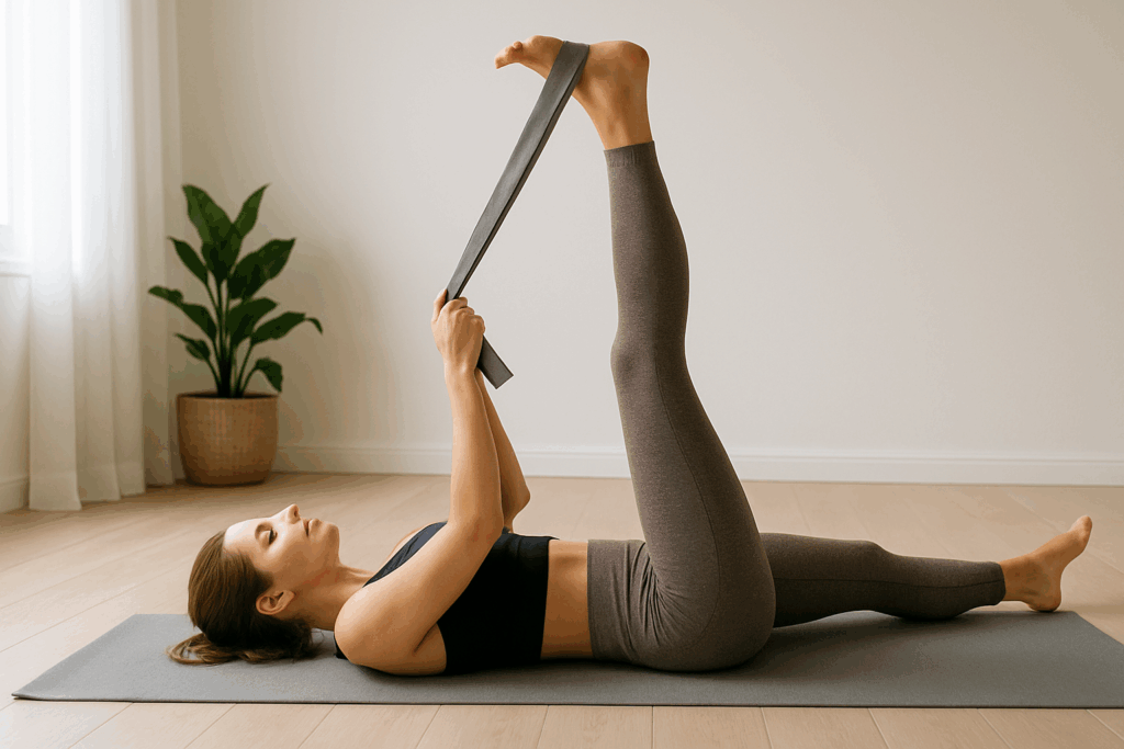 Femme allongée sur un tapis de yoga, étirant sa jambe tendue à l’aide d’une sangle dans un espace lumineux avec une plante en arrière-plan