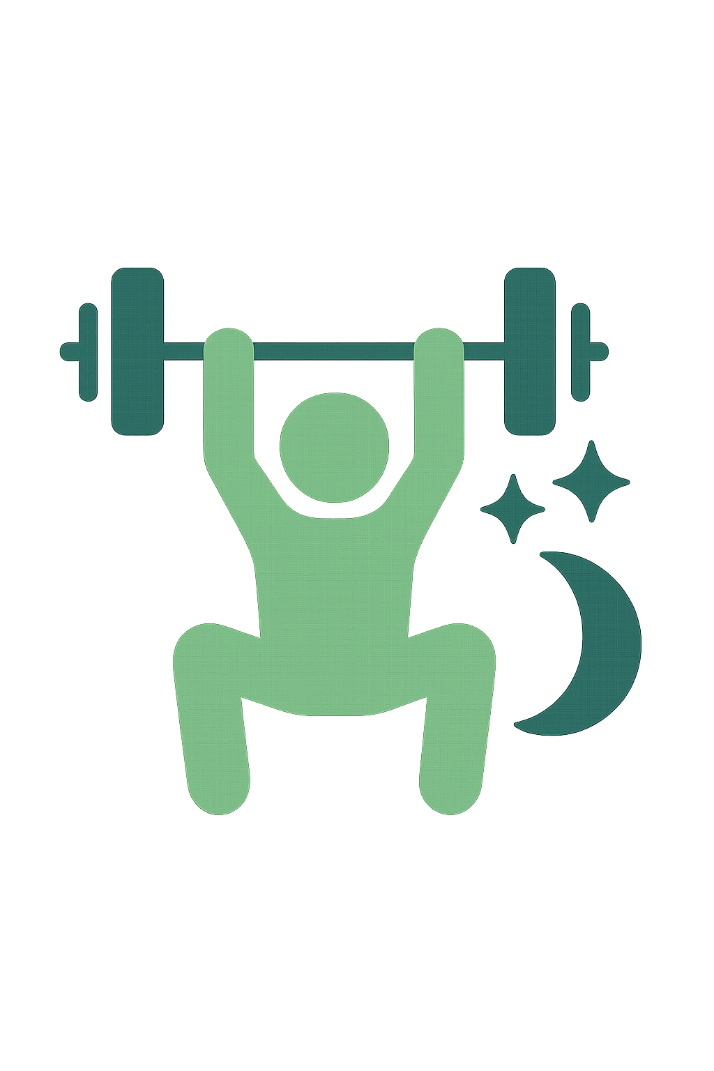 Icône silhouette soulevant une barre de musculation avec lune et étoiles, symbolisant la phase après l’effort.