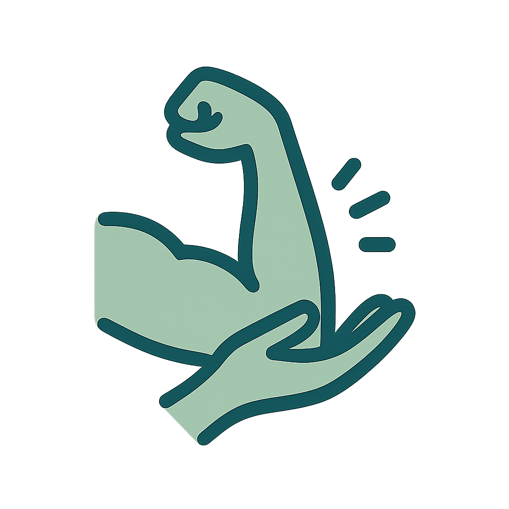 Icône bras musclé en vert soutenu par une main, représentant un auto-massage simple et efficace.