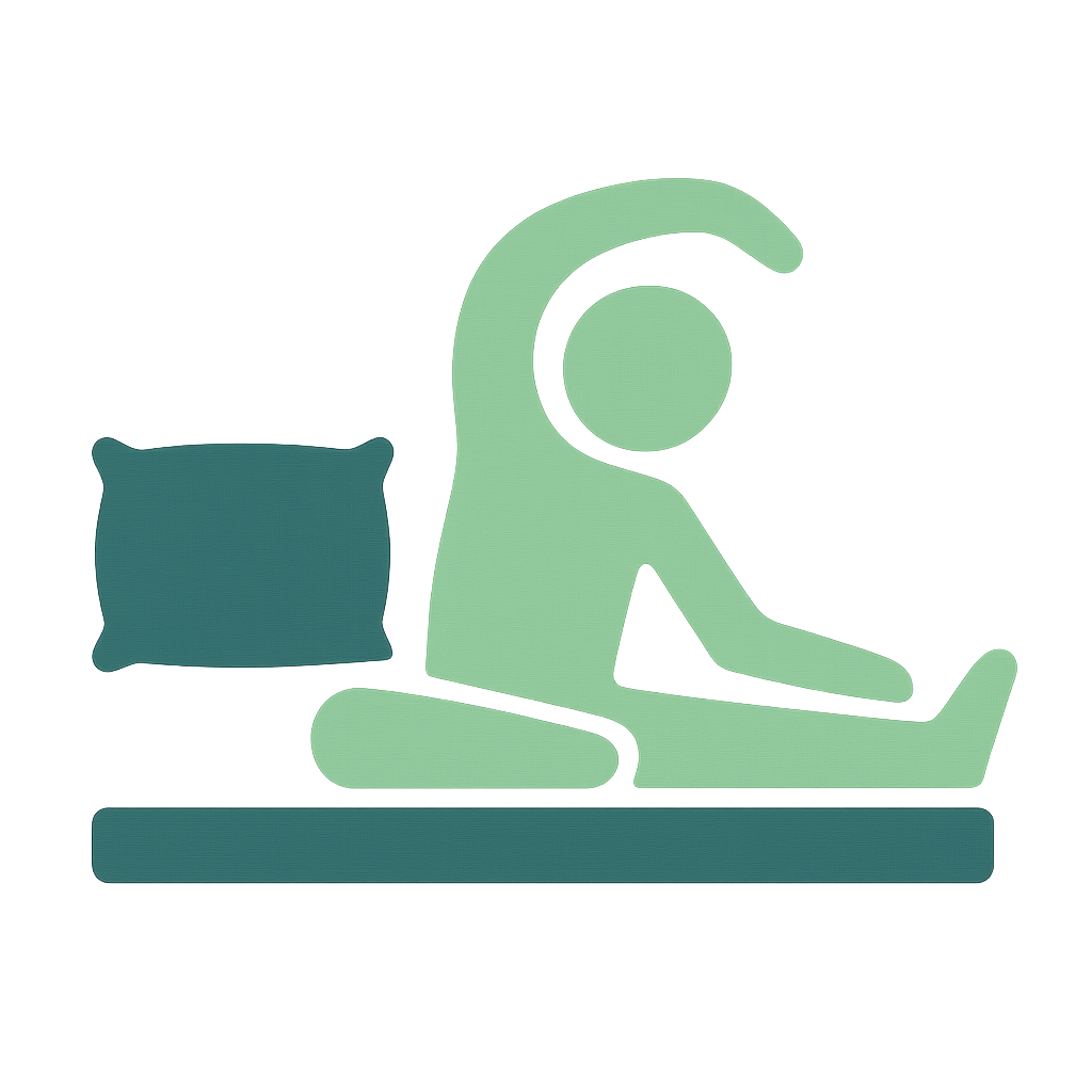 Icône silhouette s’étirant sur un lit, symbolisant les étirements avant de dormir.