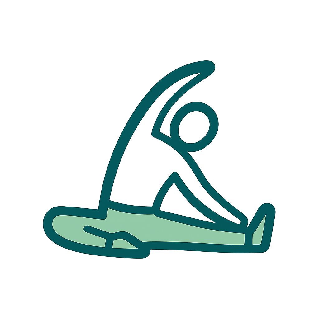 Icône de silhouette en étirement assis, représentant une routine d’étirements post-entraînement.