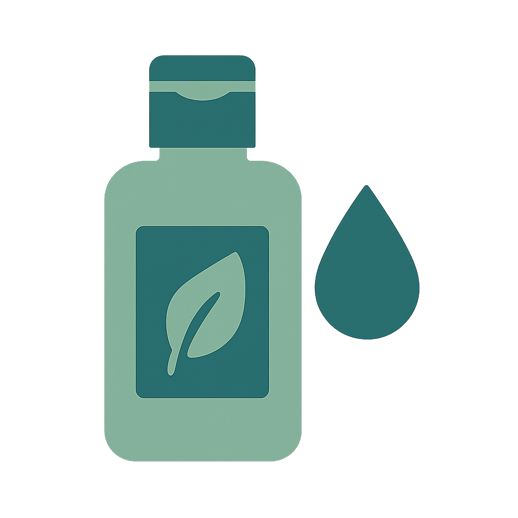 Icône bouteille d’huile avec feuille et goutte, symbolisant l’utilisation d’une huile de massage adaptée.