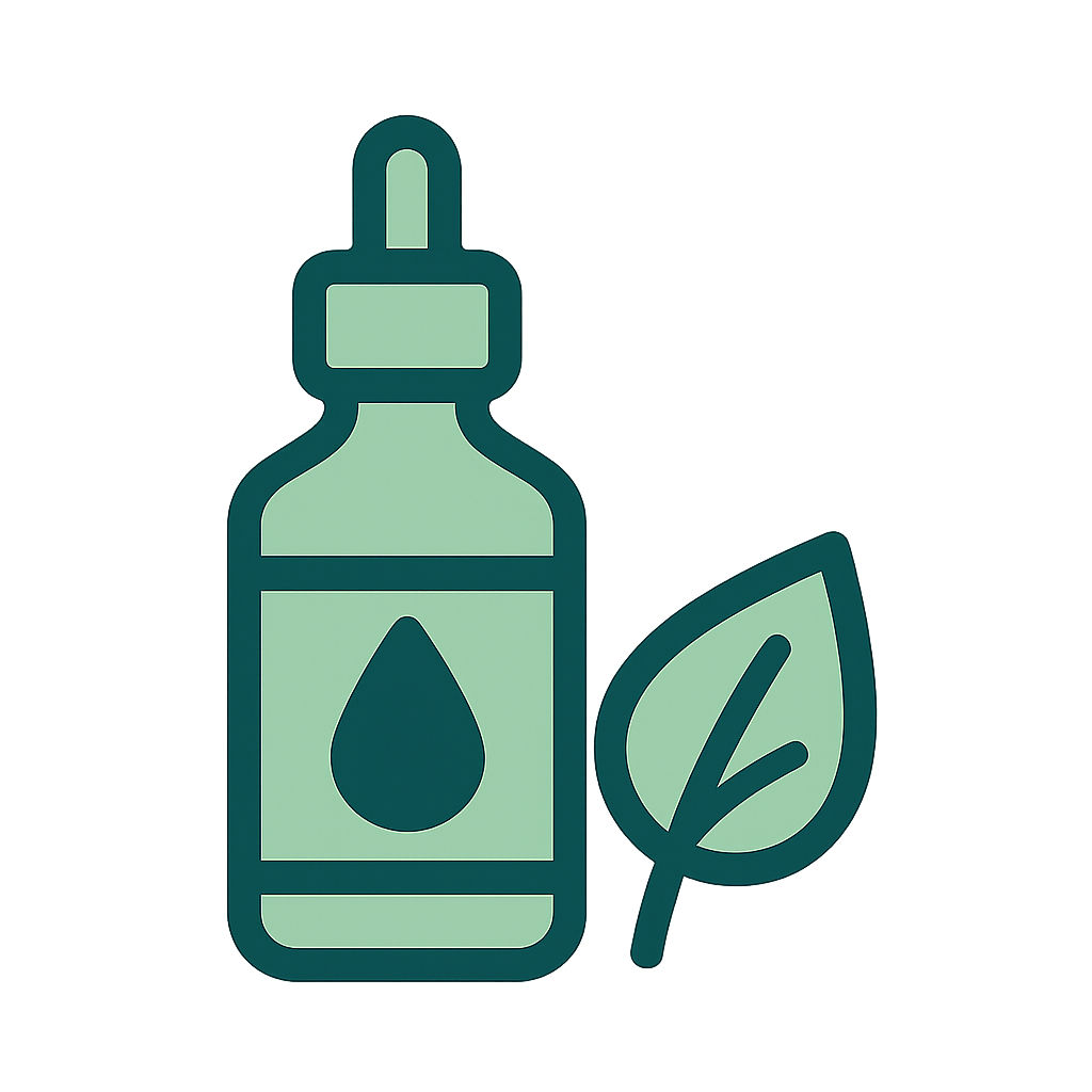 Icône bouteille d’huile verte avec feuille, symbolisant les huiles et accessoires complémentaires.