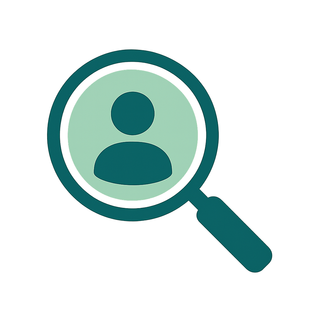 Icône loupe verte avec silhouette, représentant l’identification des besoins.