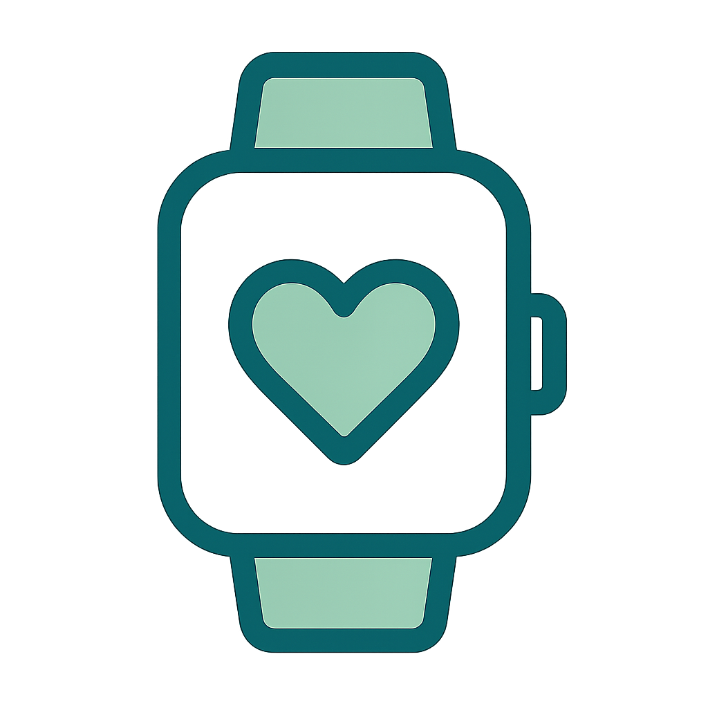 Icône de montre connectée verte avec un cœur, symbolisant le suivi des indicateurs de récupération.