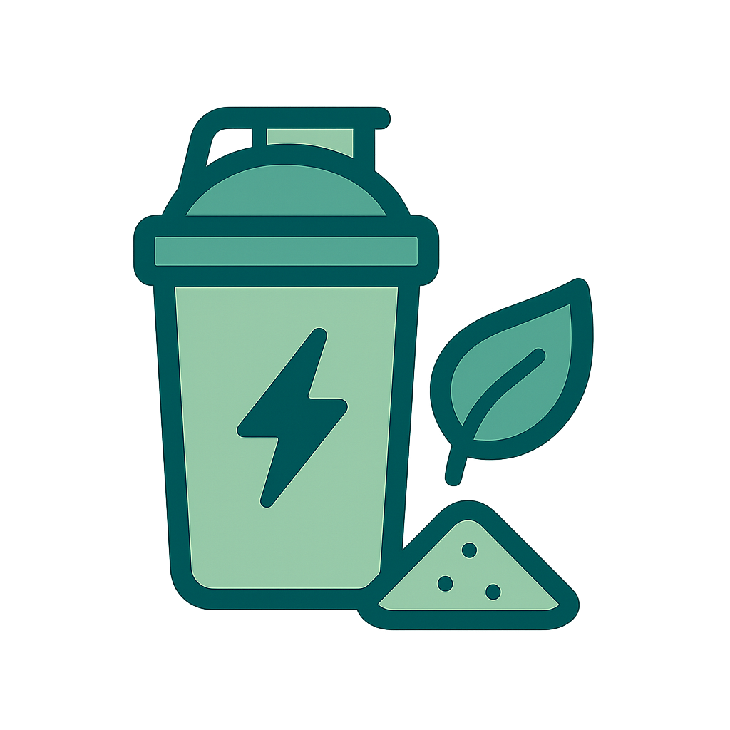  Icône de shaker avec feuille et poudre, symbolisant une alimentation adaptée à la récupération (protéines, magnésium, plantes).
