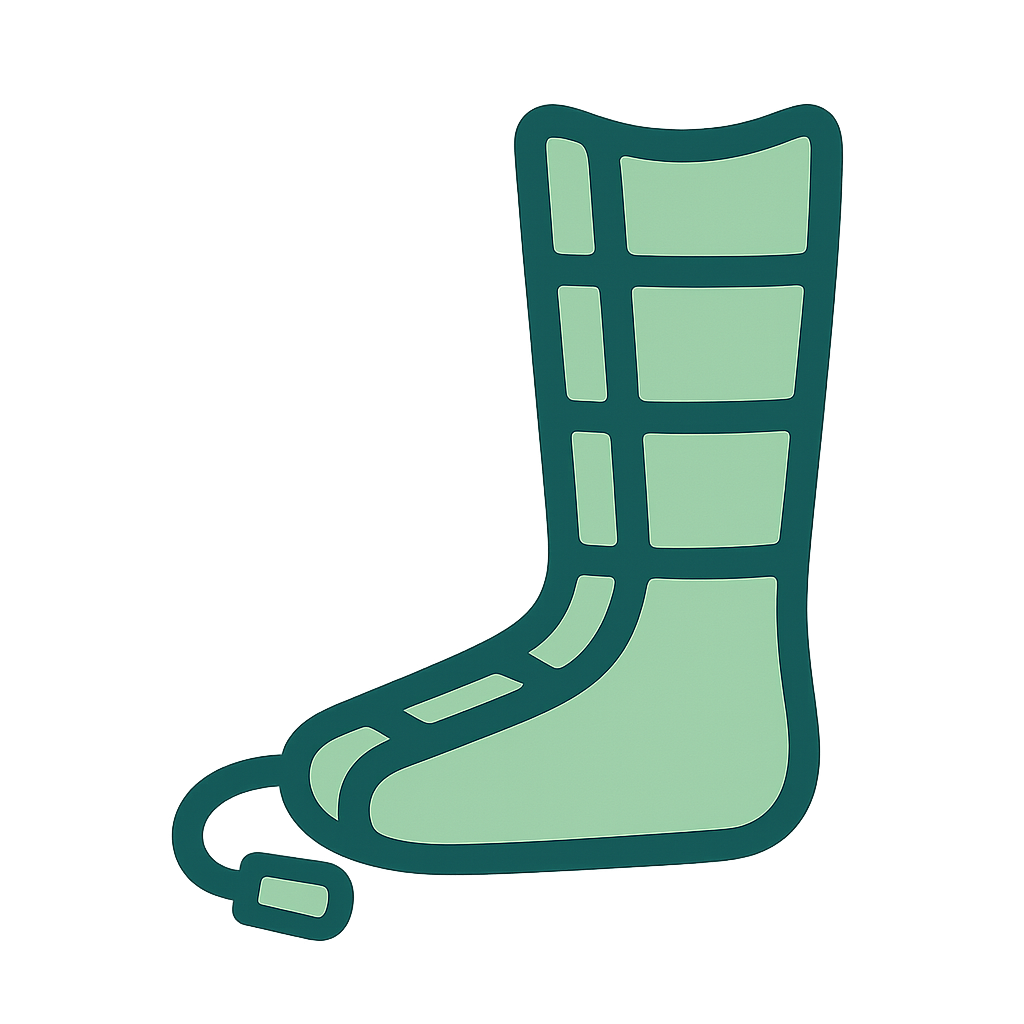 Icône de botte de pressothérapie verte avec tuyau de connexion.