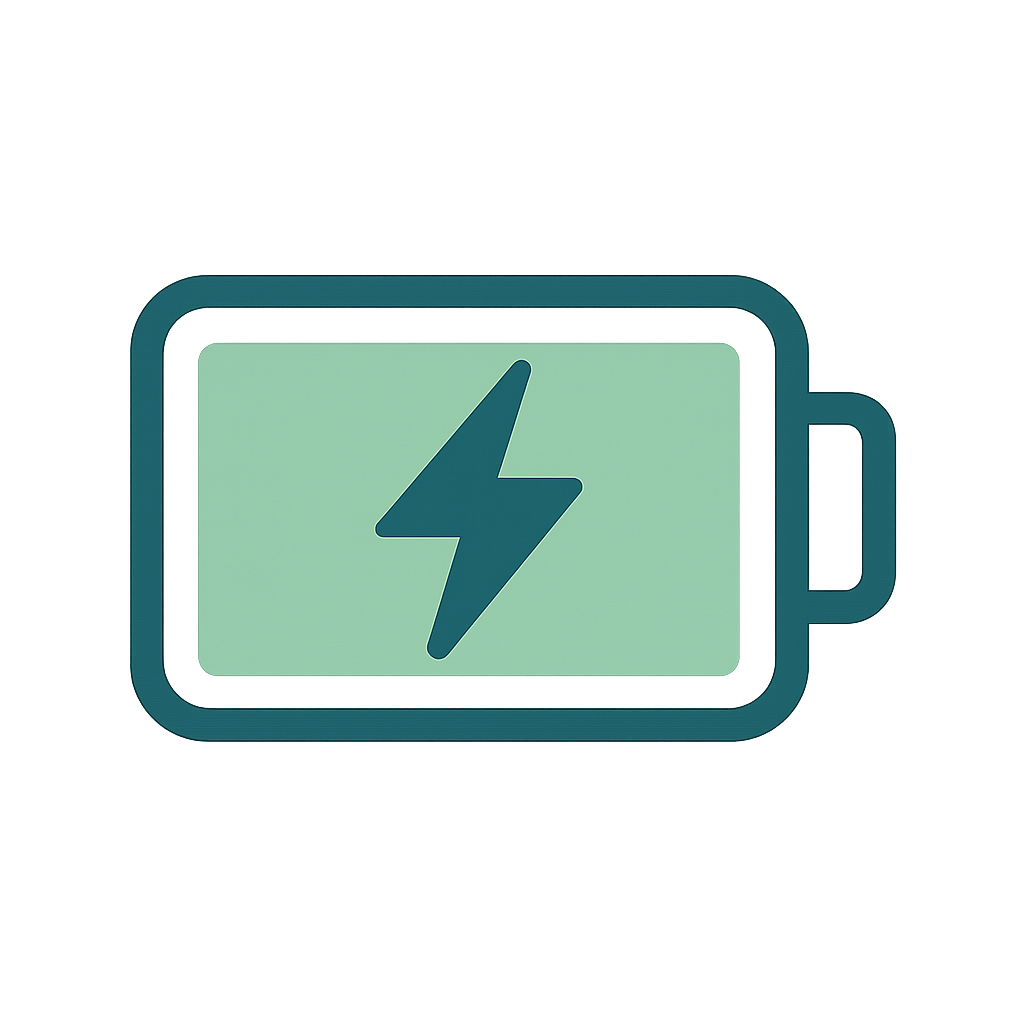 Icône de batterie verte avec un éclair, symbolisant la récupération post-entraînement en 10 minutes.