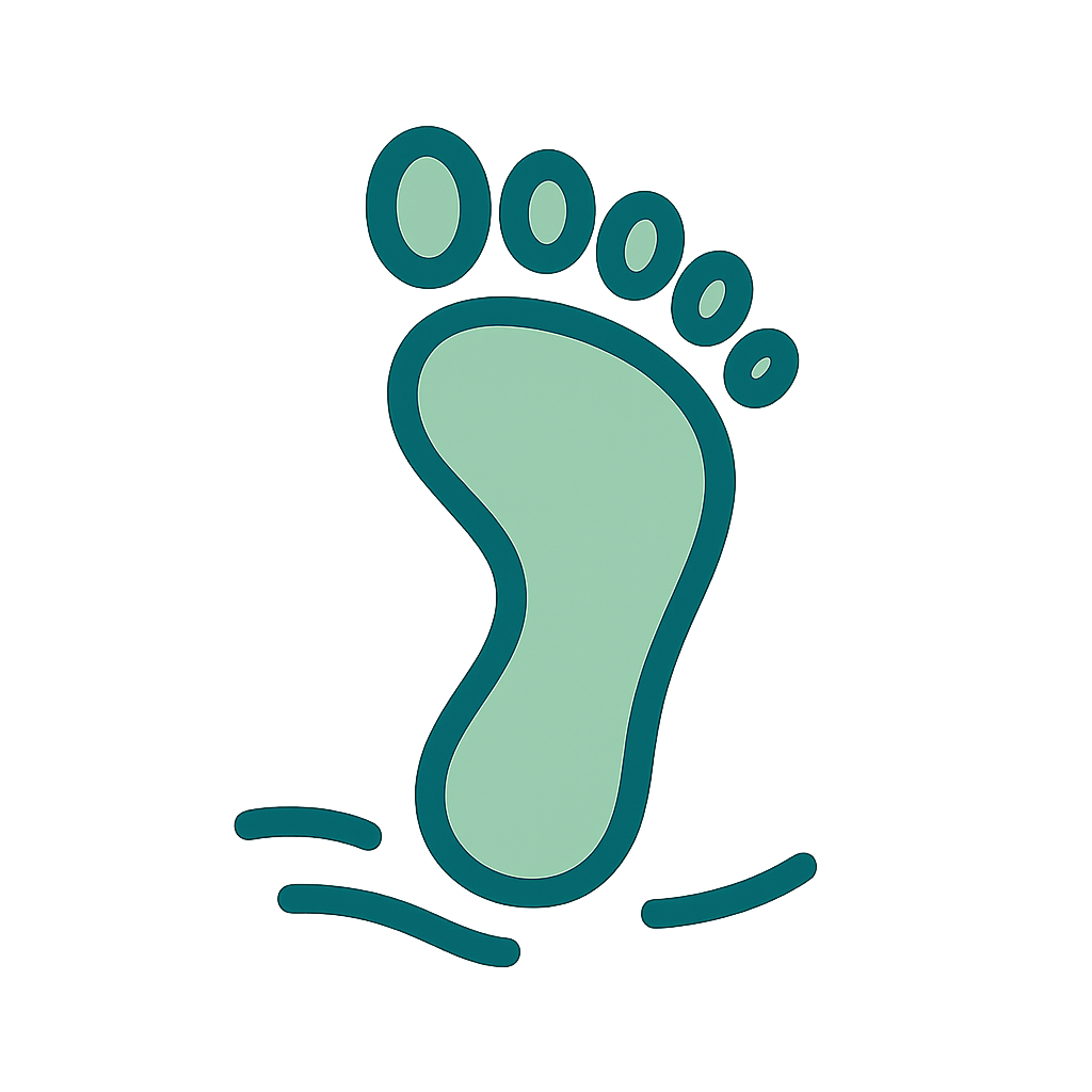 Icône d'une empreinte de pied verte avec lignes de mouvement, représentant la récupération après running.