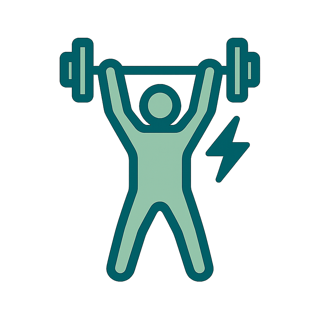 Icône d’un sportif soulevant une barre avec un éclair, symbolisant la réduction des courbatures après l’effort.