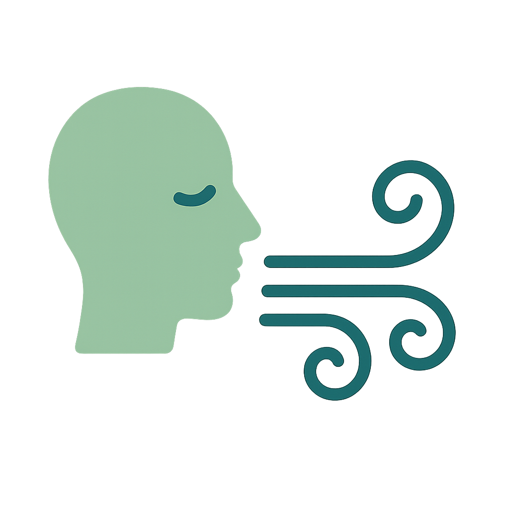 Icône profil humain soufflant des vagues d’air, symbolisant une respiration guidée en 4-6 temps.