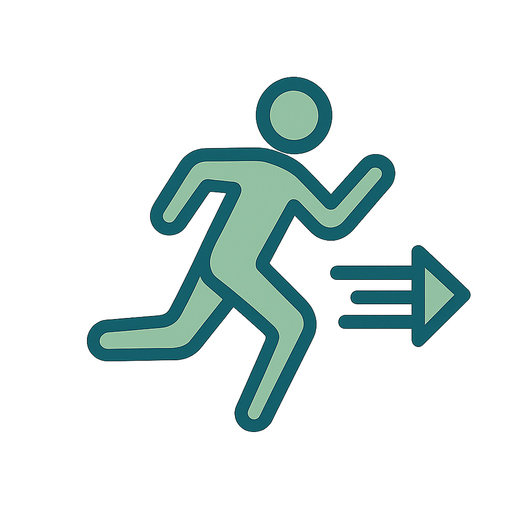 Icône silhouette en course avec flèche de vitesse, symbolisant une routine express pour les jours chargés.