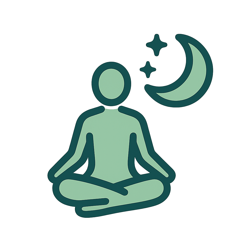 Icône méditation avec lune et étoiles, symbolisant une routine du soir pour mieux dormir.