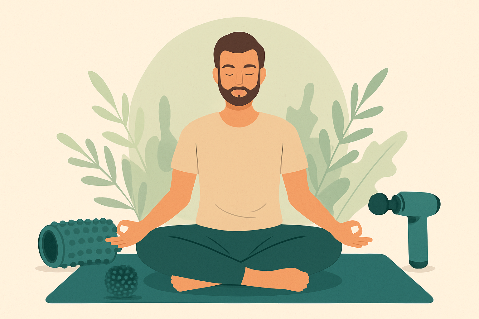 Illustration d’un homme assis en méditation entouré d’accessoires d’automassage comme un foam roller, une balle de massage et un pistolet de massage. automassage récupération avec rouleau de massage
