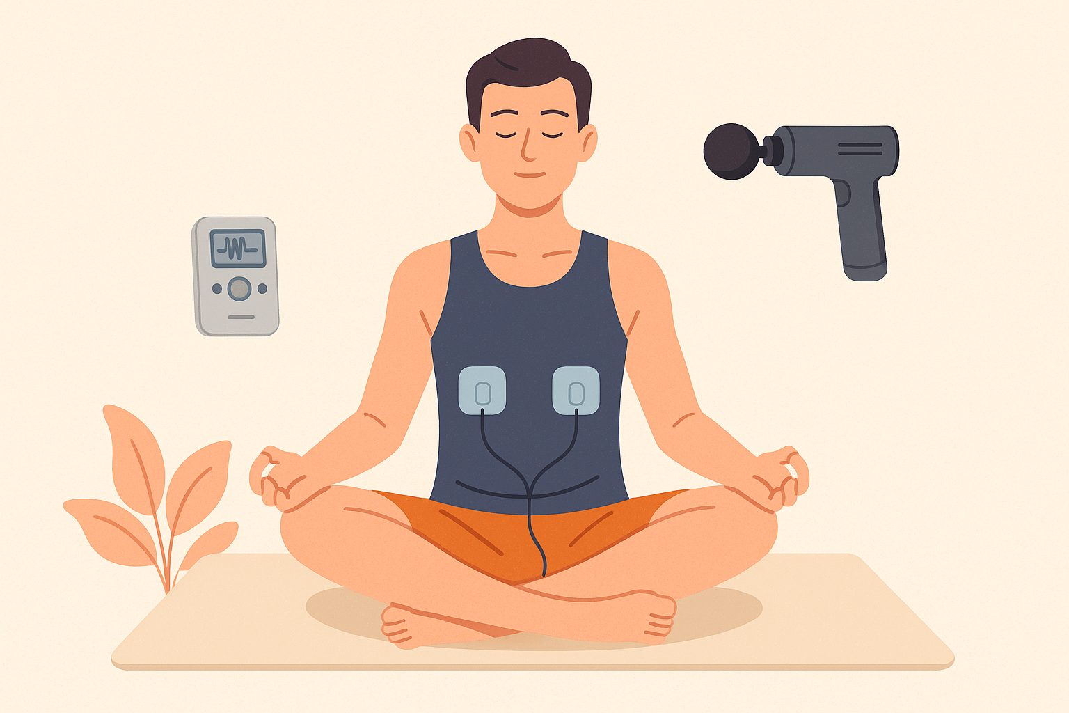 Illustration d’un homme assis en méditation avec des électrodes d’électrostimulation sur le torse, entouré d’accessoires de récupération