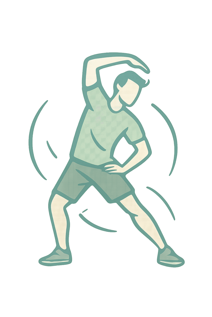 Illustration stylisée d’un sportif s’étirant après l'entraînement, en posture dynamique.