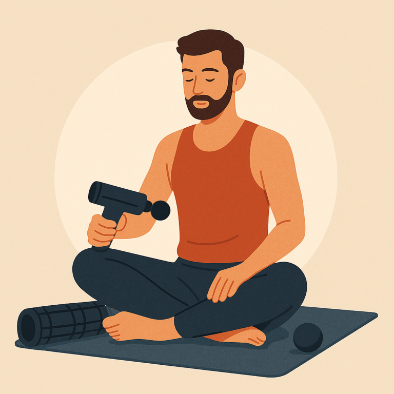 Illustration d’un homme assis sur un tapis utilisant un pistolet de massage sur sa cuisse, entouré d’accessoires de récupération comme un rouleau et une balle de massage