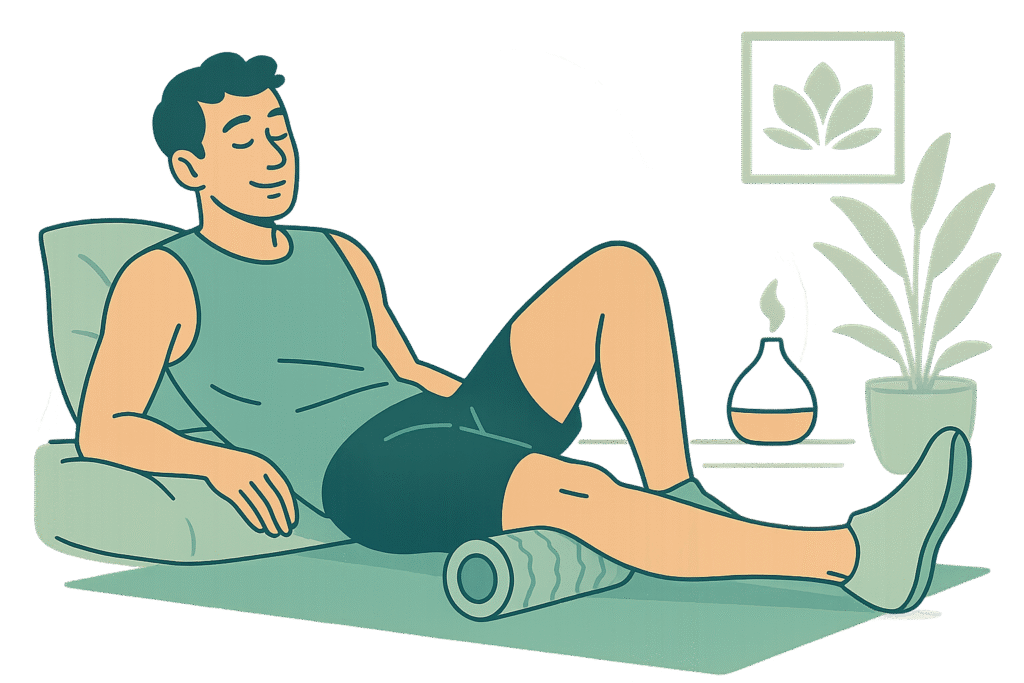 Illustration stylisée d’un sportif en récupération, allongé sur un coussin avec rouleau de massage, dans une ambiance détendue.