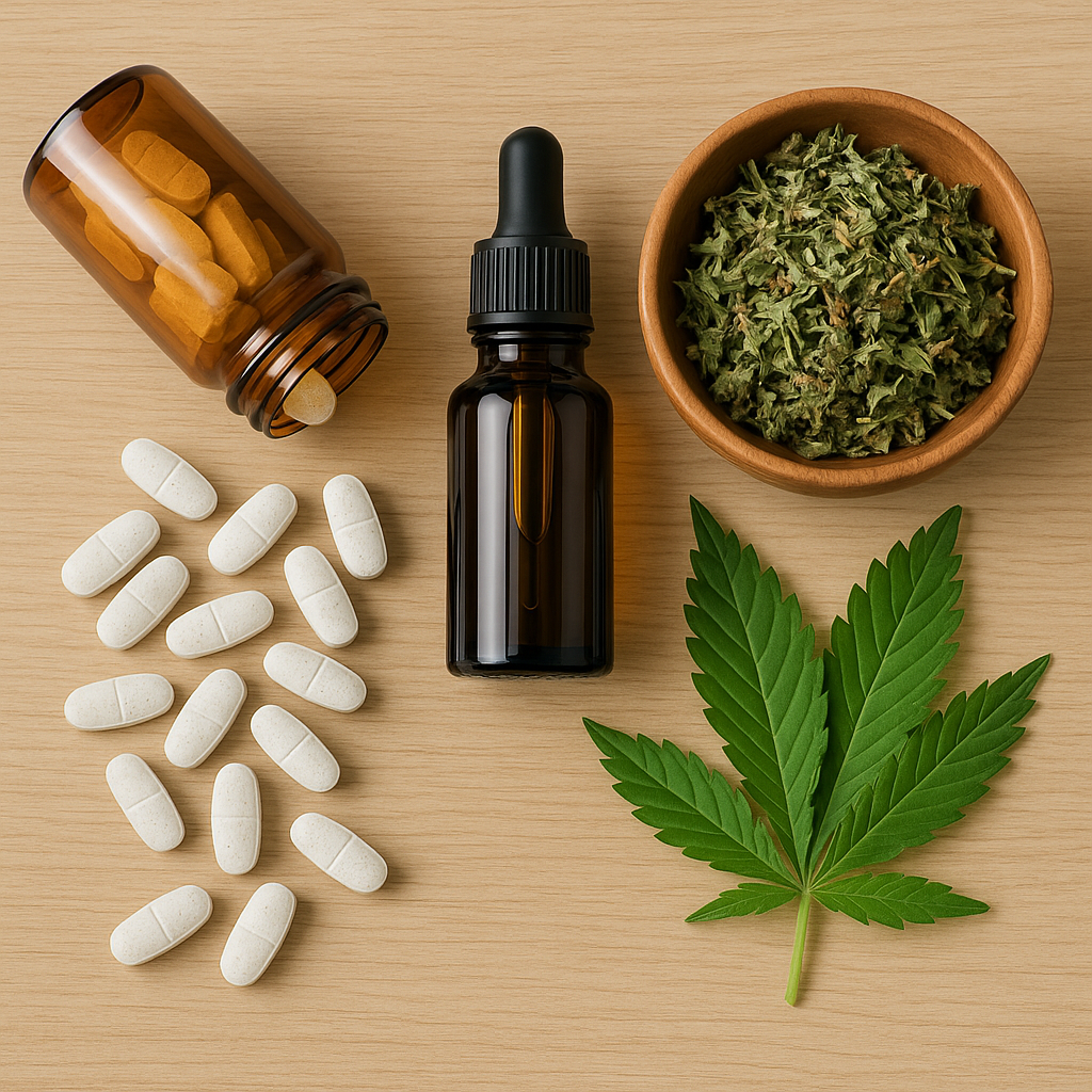 Gélules de magnésium, flacon d’huile de CBD et plantes séchées naturelles sur fond bois clair – RecupZen