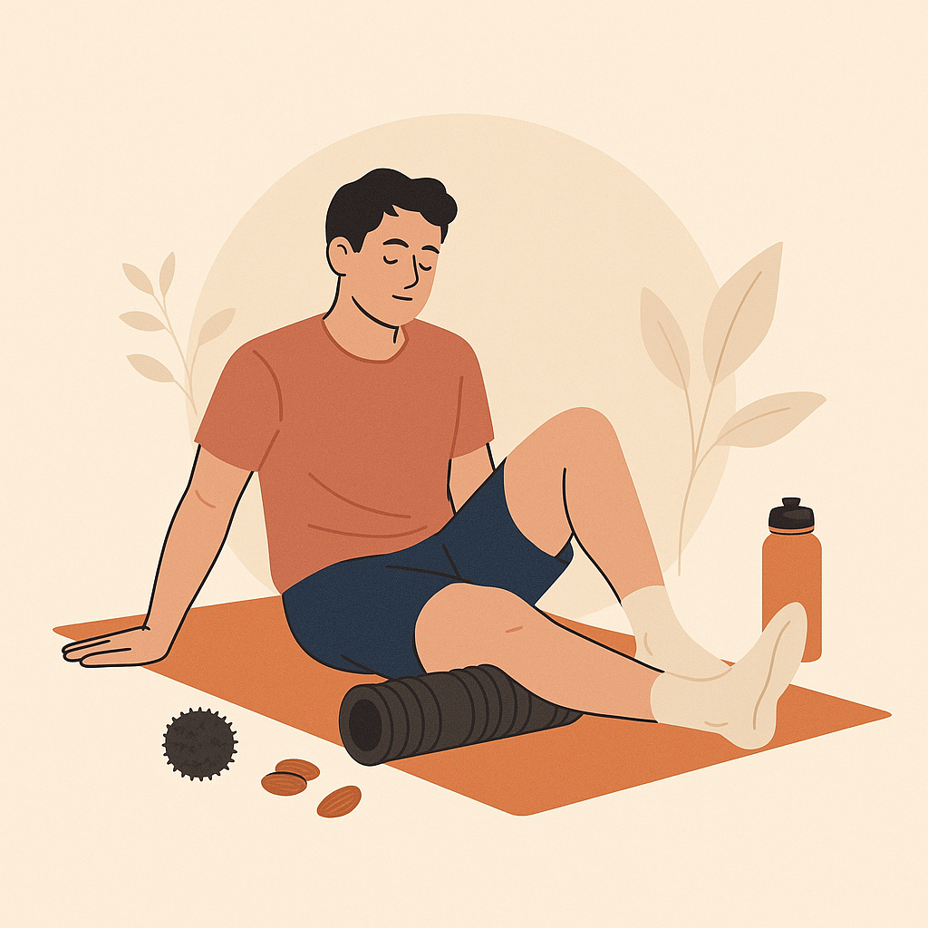 Illustration d’un homme utilisant un rouleau de massage sur ses jambes après le sport, assis sur un tapis avec une balle de massage et une gourde à côté