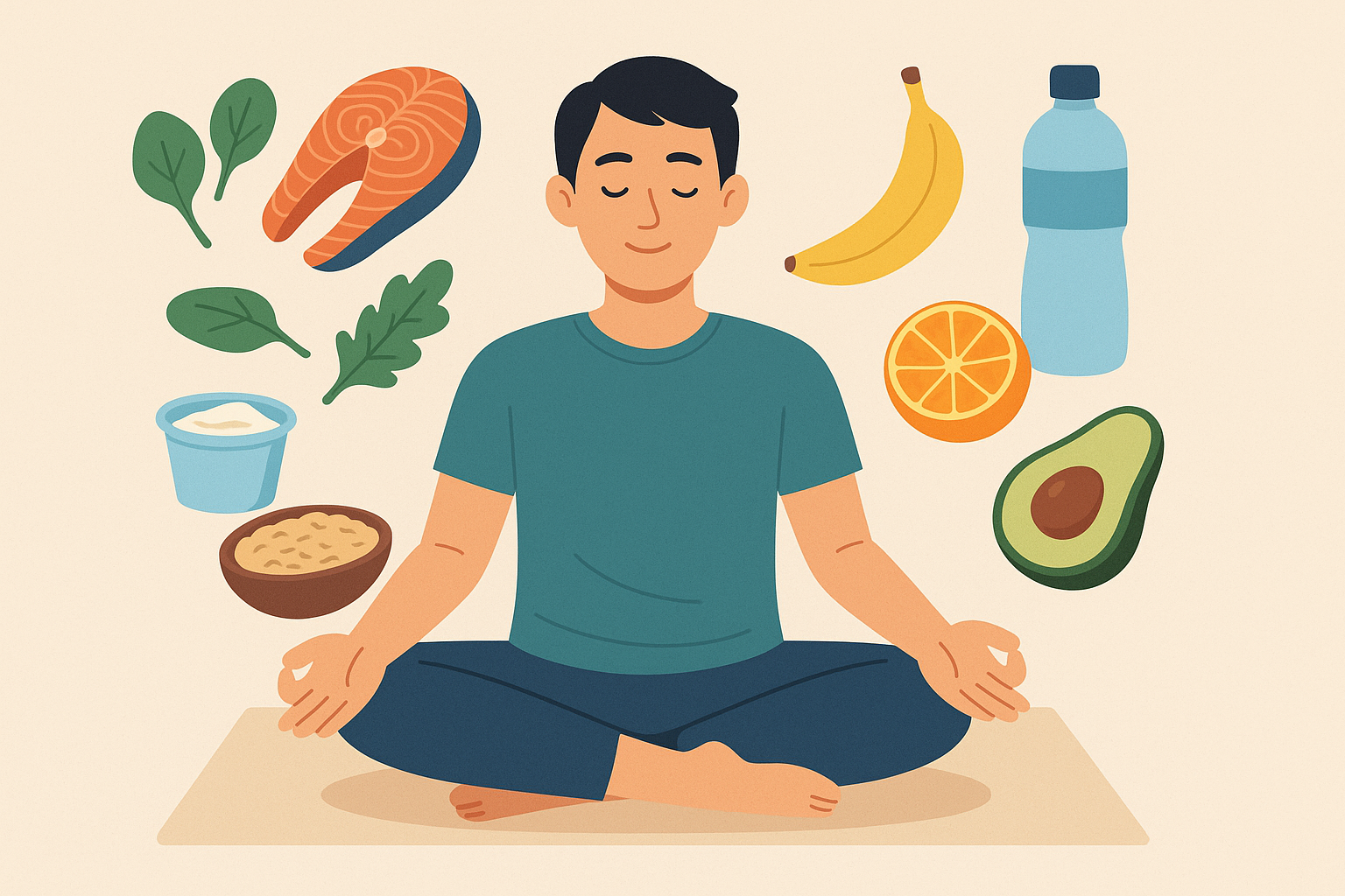 Illustration d’un homme assis en méditation entouré d’aliments sains pour la récupération sportive comme du saumon, des fruits, du yaourt et de l’eau