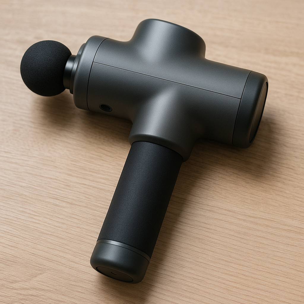 Pistolet de massage noir sur fond bois clair – RecupZen