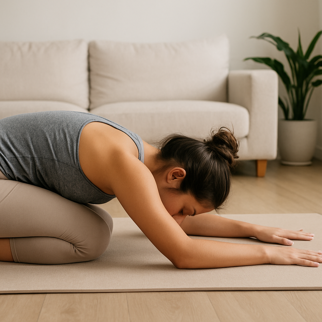 Femme en tenue de yoga effectuant la posture de l’enfant (Balasana) sur un tapis dans un environnement calme et lumineux