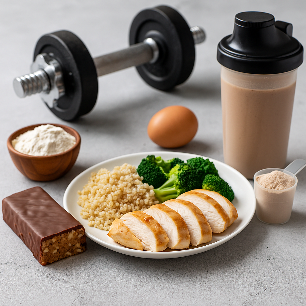 Photographie d’aliments riches en protéines naturels disposés sur une table en bois : œufs, poulet, lentilles, pois chiches, tofu, brocoli et graines