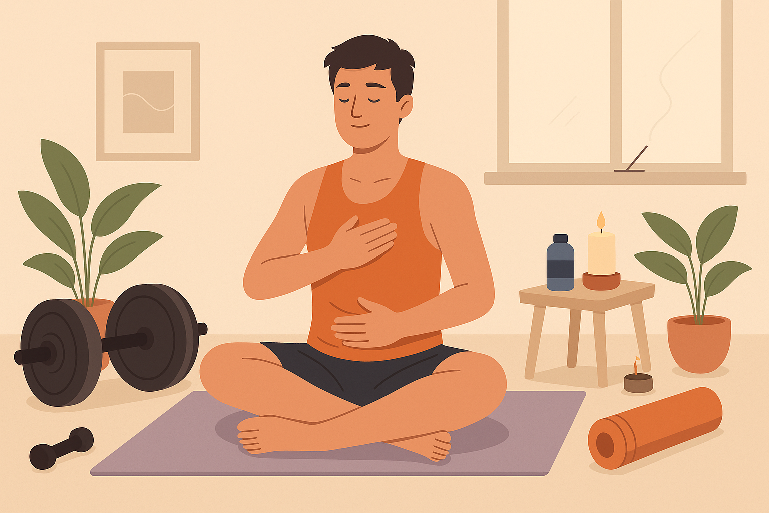 Illustration d’un homme en récupération après musculation, assis sur un tapis, entouré d’haltères, bouteille, rouleau de massage et encens, dans un coin zen