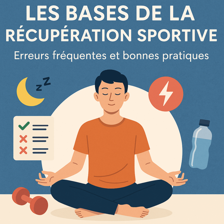 Illustration d’un homme en méditation entouré d’icônes représentant les erreurs et bonnes pratiques en récupération sportive, comme l’hydratation, le sommeil, la nutrition et l’énergie