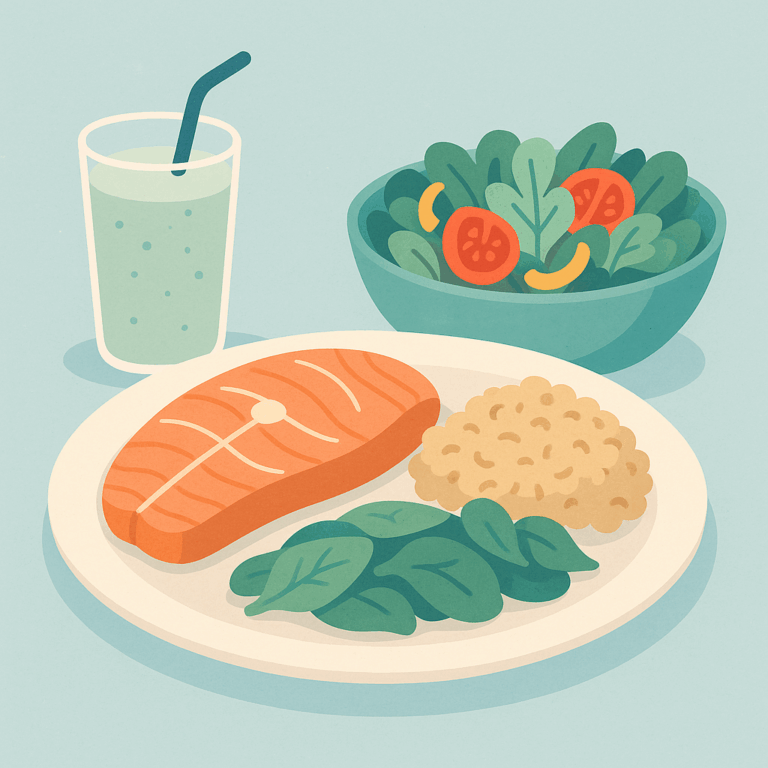 Illustration stylisée d'un repas post-entraînement équilibré, avec saumon, riz, épinards, salade et smoothie. recettes repas post-entraînement équilibrées et gourmandes