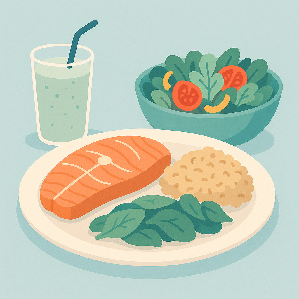 Illustration stylisée d'un repas post-entraînement équilibré, avec saumon, riz, épinards, salade et smoothie. recettes repas post-entraînement équilibrées et gourmandes