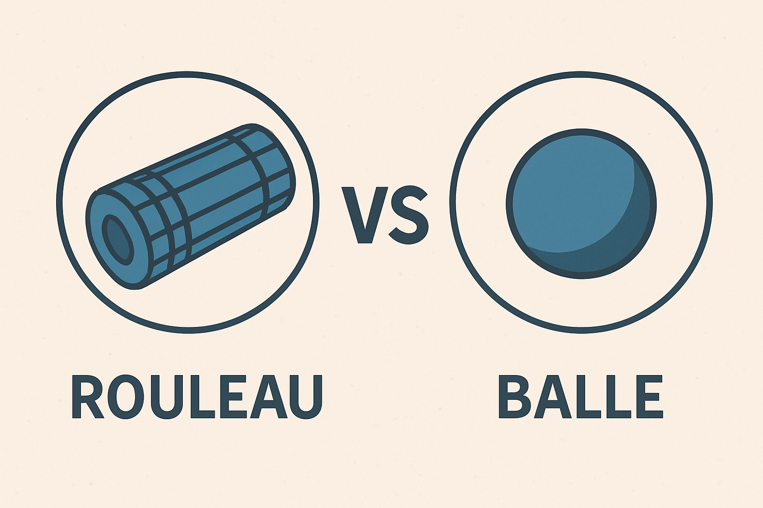 Illustration comparative entre un rouleau de massage et une balle de massage sur fond clair, symbolisant deux outils d’automassage complémentaires