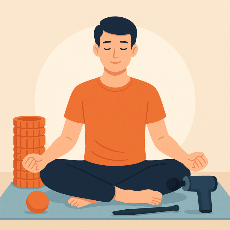 Illustration d’un homme assis en tailleur sur un tapis, entouré d’accessoires de massage comme un rouleau, une balle et un pistolet, dans une ambiance zen et minimaliste